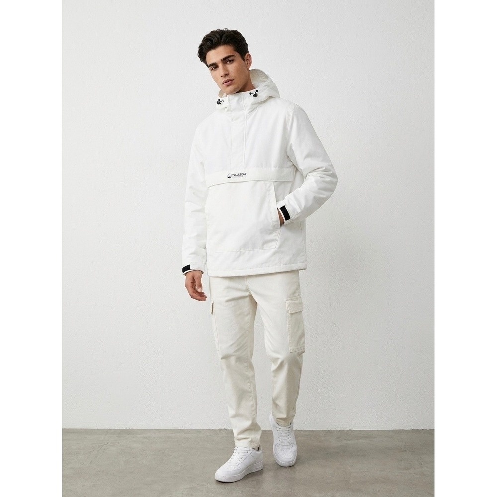 Pull&Bear Mens White Anorak Hooded Jacket Quarter Zip Windbreaker Large
